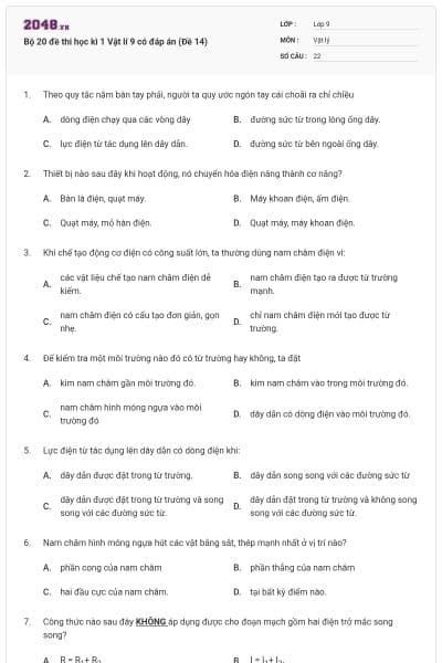 Bộ 20 đề thi học kì 1 Vật lí 9 có đáp án (Đề 14)