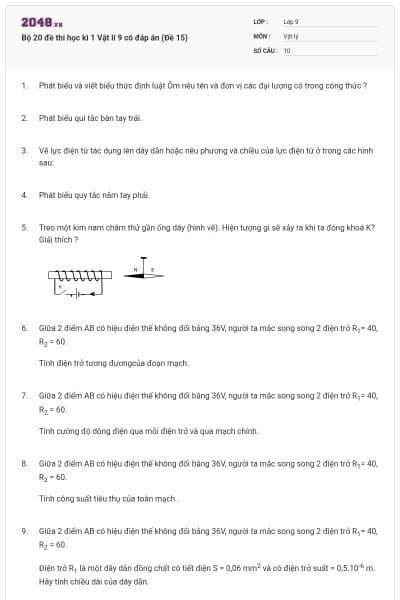 Bộ 20 đề thi học kì 1 Vật lí 9 có đáp án (Đề 15)
