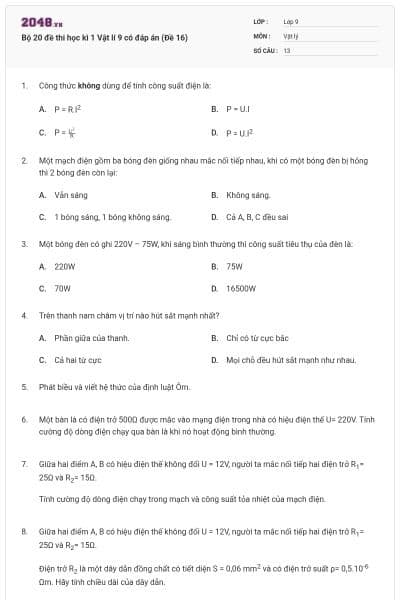Bộ 20 đề thi học kì 1 Vật lí 9 có đáp án (Đề 16)