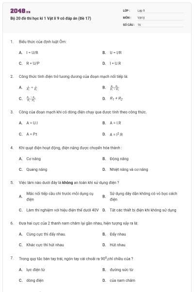 Bộ 20 đề thi học kì 1 Vật lí 9 có đáp án (Đề 17)