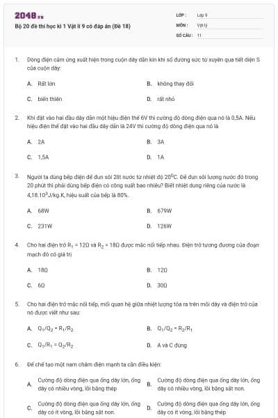 Bộ 20 đề thi học kì 1 Vật lí 9 có đáp án (Đề 18)