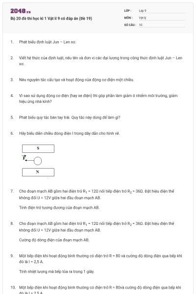 Bộ 20 đề thi học kì 1 Vật lí 9 có đáp án (Đề 19)