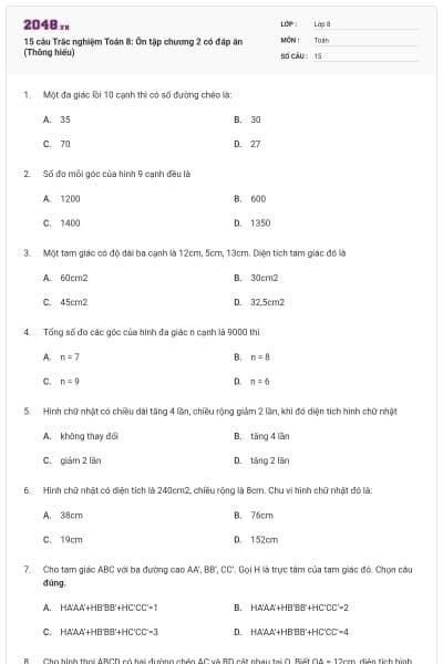 15 câu Trắc nghiệm Toán 8: Ôn tập chương 2 có đáp án (Thông hiểu)