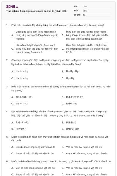 Trắc nghiệm Đoạn mạch song song có đáp án (Nhận biết)