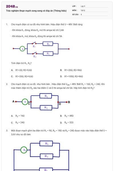 Trắc nghiệm Đoạn mạch song song có đáp án (Thông hiểu)