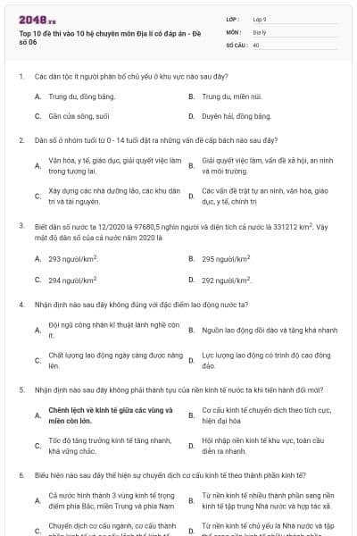 Top 10 đề thi vào 10 hệ chuyên môn Địa lí có đáp án - Đề số 06
