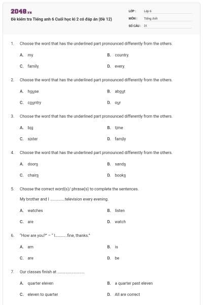 Đề kiểm tra Tiếng anh 6 Cuối học kì 2 có đáp án (Đề 12)