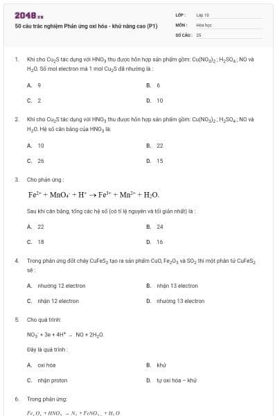 50 câu trắc nghiệm Phản ứng oxi hóa - khử nâng cao (P1)