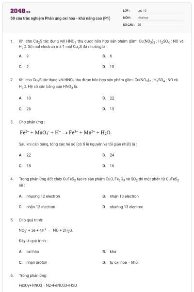 50 câu trắc nghiệm Phản ứng oxi hóa - khử nâng cao (P1)