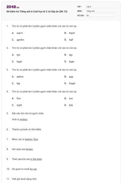 Đề kiểm tra Tiếng anh 6 Cuối học kì 2 có đáp án (Đề 13)