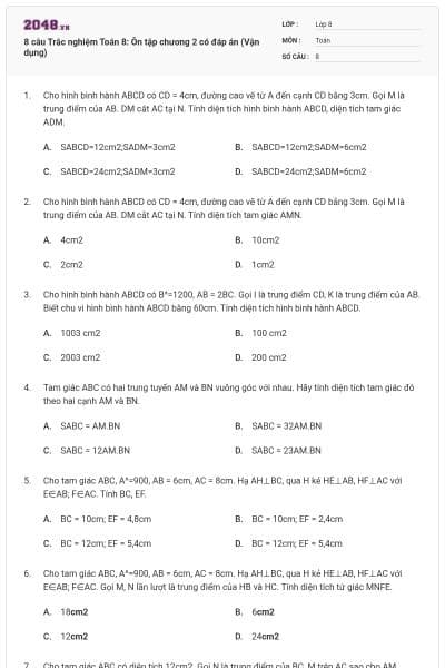 8 câu Trắc nghiệm Toán 8: Ôn tập chương 2 có đáp án (Vận dụng)