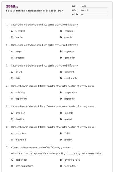 Bộ 15 Đề thi học kì 1 Tiếng anh mới 11 có đáp án - Đề 9