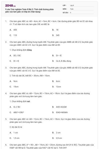 9 câu Trắc nghiệm Toán 8 Bài 3: Tính chất đường phân giác của tam giác có đáp án (Vận dụng)