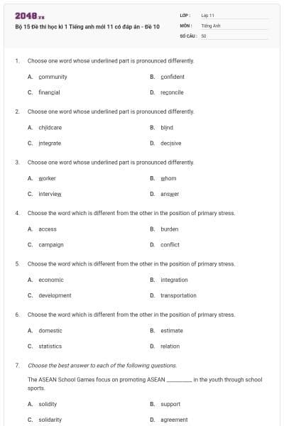 Bộ 15 Đề thi học kì 1 Tiếng anh mới 11 có đáp án - Đề 10