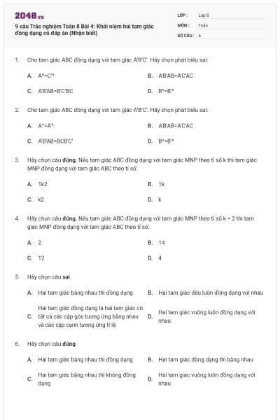 9 câu Trắc nghiệm Toán 8 Bài 4: Khái niệm hai tam giác đồng dạng có đáp án (Nhận biết)
