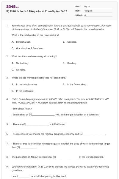 Bộ 15 Đề thi học kì 1 Tiếng anh mới 11 có đáp án - Đề 12