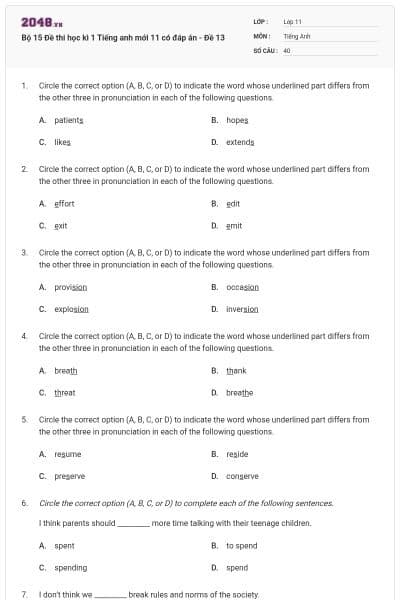 Bộ 15 Đề thi học kì 1 Tiếng anh mới 11 có đáp án - Đề 13