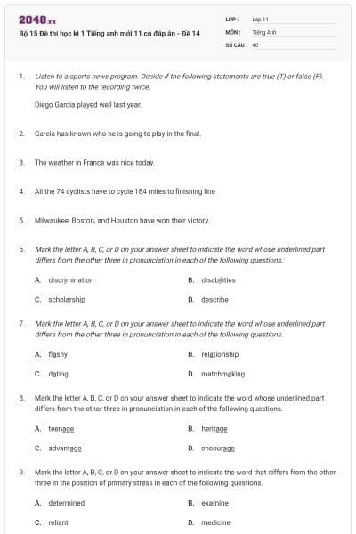Bộ 15 Đề thi học kì 1 Tiếng anh mới 11 có đáp án - Đề 14
