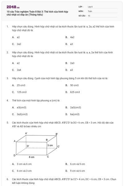 10 câu Trắc nghiệm Toán 8 Bài 3: Thể tích của hình hộp chữ nhật có đáp án (Thông hiểu)