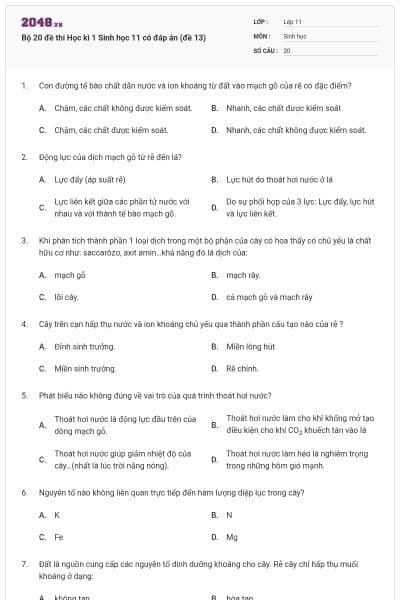 Bộ 20 đề thi Học kì 1 Sinh học 11 có đáp án (đề 13)