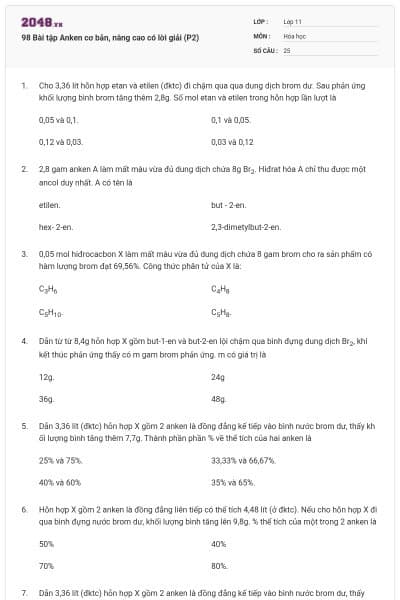 98  Bài tập Anken cơ bản, nâng cao có lời giải (P2)