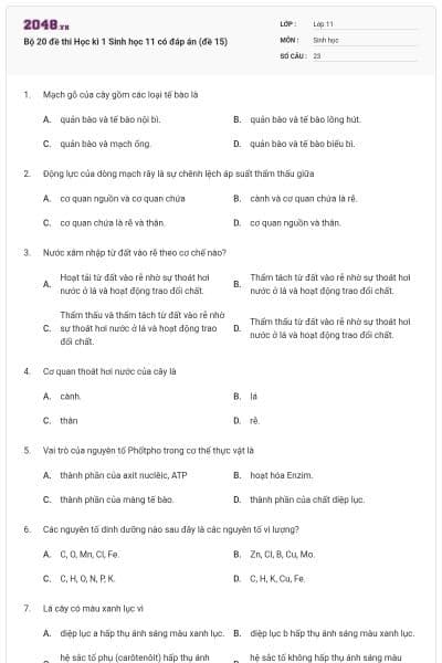 Bộ 20 đề thi Học kì 1 Sinh học 11 có đáp án (đề 15)