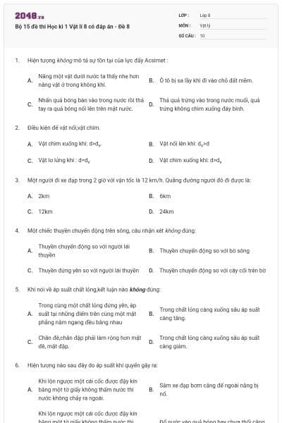 Bộ 15 đề thi Học kì 1 Vật lí 8 có đáp án - Đề 8