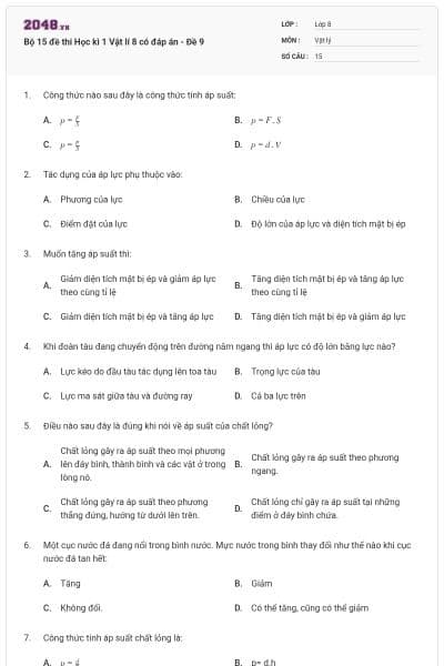 Bộ 15 đề thi Học kì 1 Vật lí 8 có đáp án - Đề 9