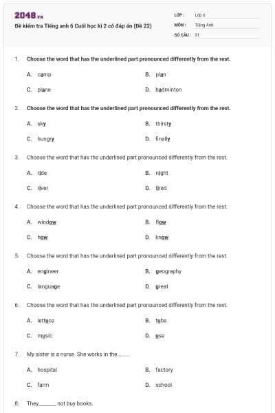 Đề kiểm tra Tiếng anh 6 Cuối học kì 2 có đáp án (Đề 22)