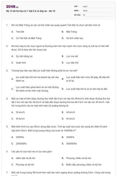 Bộ 15 đề thi Học kì 1 Vật lí 8 có đáp án - Đề 10