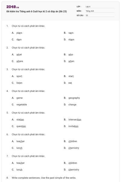 Đề kiểm tra Tiếng anh 6 Cuối học kì 2 có đáp án (Đề 23)