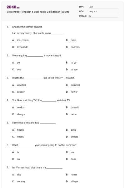 Đề kiểm tra Tiếng anh 6 Cuối học kì 2 có đáp án (Đề 24)