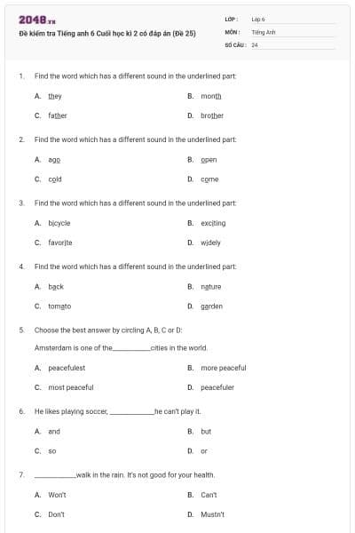 Đề kiểm tra Tiếng anh 6 Cuối học kì 2 có đáp án (Đề 25)
