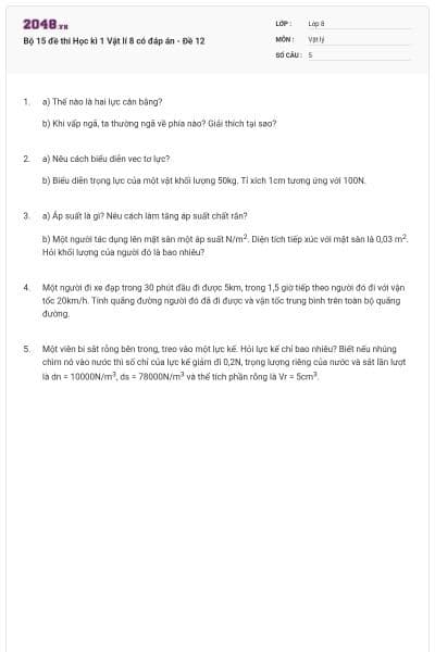 Bộ 15 đề thi Học kì 1 Vật lí 8 có đáp án - Đề 12