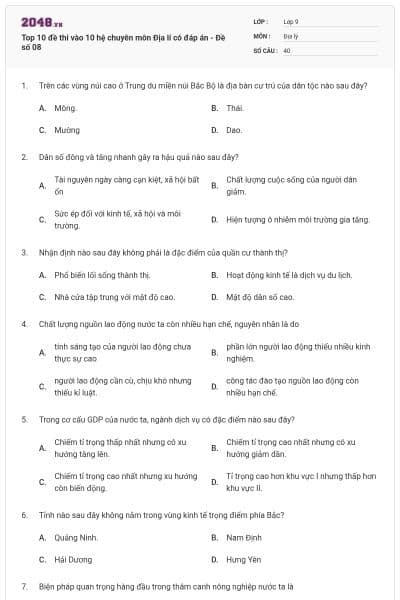 Top 10 đề thi vào 10 hệ chuyên môn Địa lí có đáp án - Đề số 08