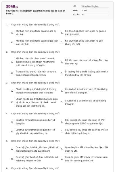500+Câu hỏi trắc nghiệm quản trị cơ sở dữ liệu có đáp án - Phần 7