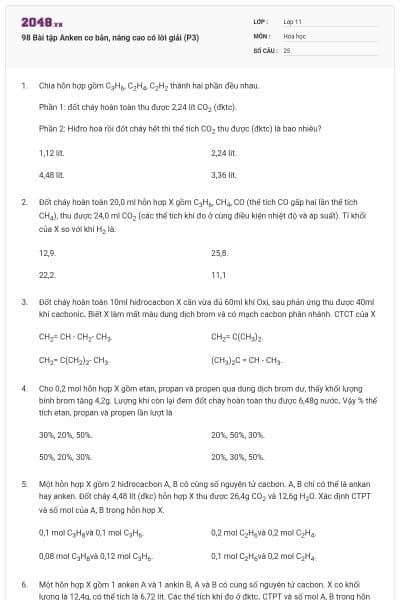 98 Bài tập Anken cơ bản, nâng cao có lời giải (P3)