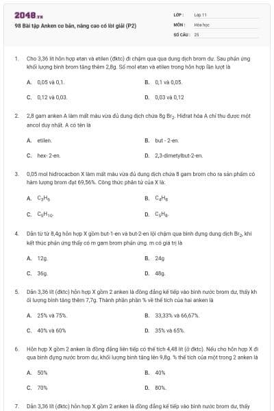 98 Bài tập Anken cơ bản, nâng cao có lời giải (P2)