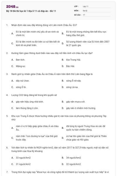 Bộ 18 Đề thi học kì 1 Địa lí 11 có đáp án - Đề 11