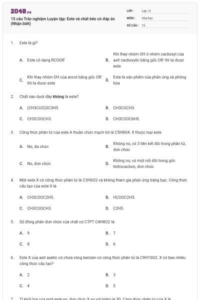 15 câu Trắc nghiệm Luyện tập: Este và chất béo có đáp án (Nhận biết)