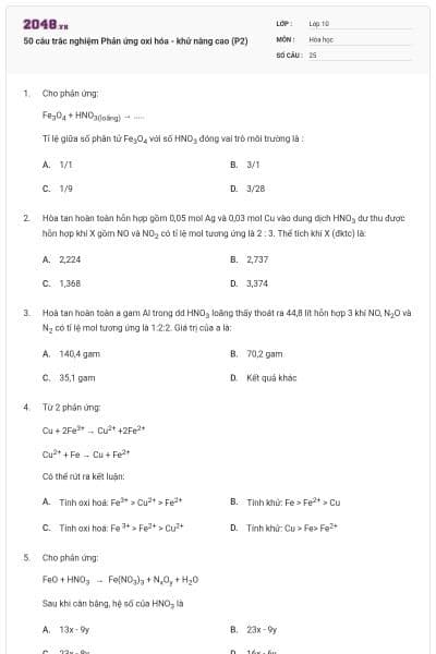 50 câu trắc nghiệm Phản ứng oxi hóa - khử nâng cao (P2)