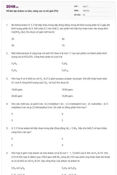 98 Bài tập Anken cơ bản, nâng cao có lời giải (P4)