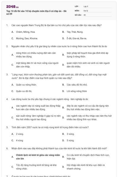 Top 10 đề thi vào 10 hệ chuyên môn Địa lí có đáp án - Đề số 09