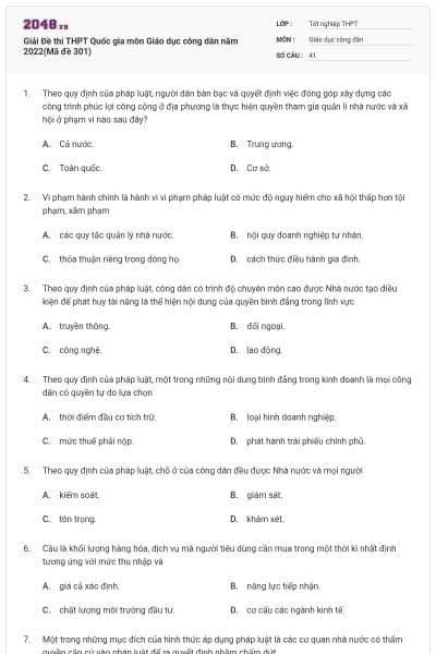 Giải Đề thi THPT Quốc gia môn Giáo dục công dân năm 2022(Mã đề 301)