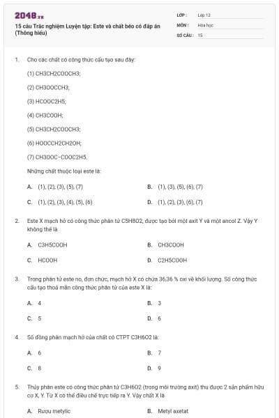 15 câu Trắc nghiệm Luyện tập: Este và chất béo có đáp án (Thông hiểu)