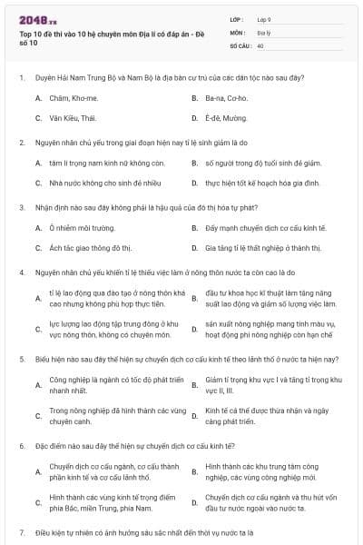 Top 10 đề thi vào 10 hệ chuyên môn Địa lí có đáp án - Đề số 10