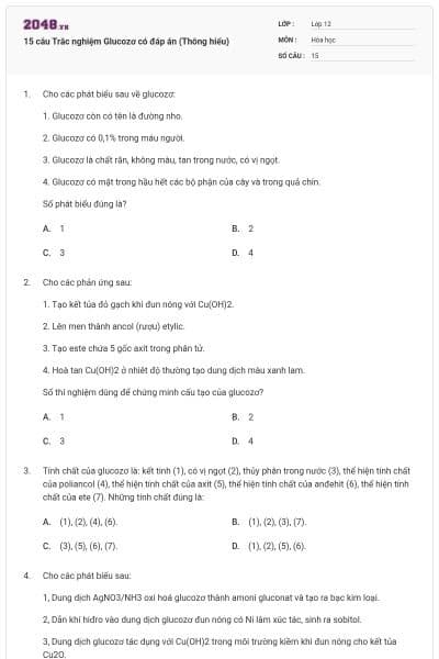 15 câu Trắc nghiệm Glucozơ có đáp án (Thông hiểu)