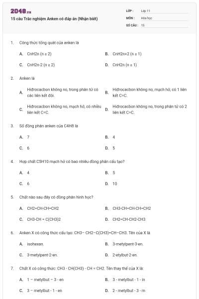 15 câu Trắc nghiệm Anken có đáp án (Nhận biết)