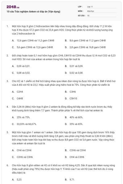 10 câu Trắc nghiệm Anken có đáp án (Vận dụng)