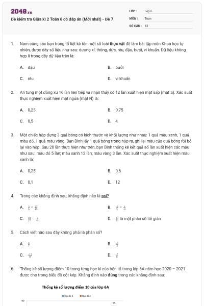Đề kiểm tra Giữa kì 2 Toán 6 có đáp án (Mới nhất) - Đề 7